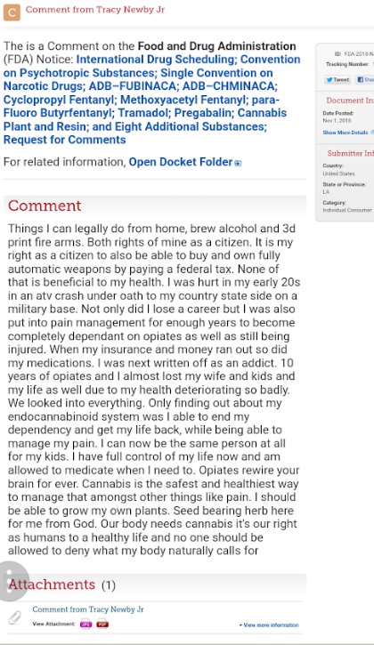 A November 2018 public comment by Tracy Newby Jr. submitted to the Food and Drug Administration