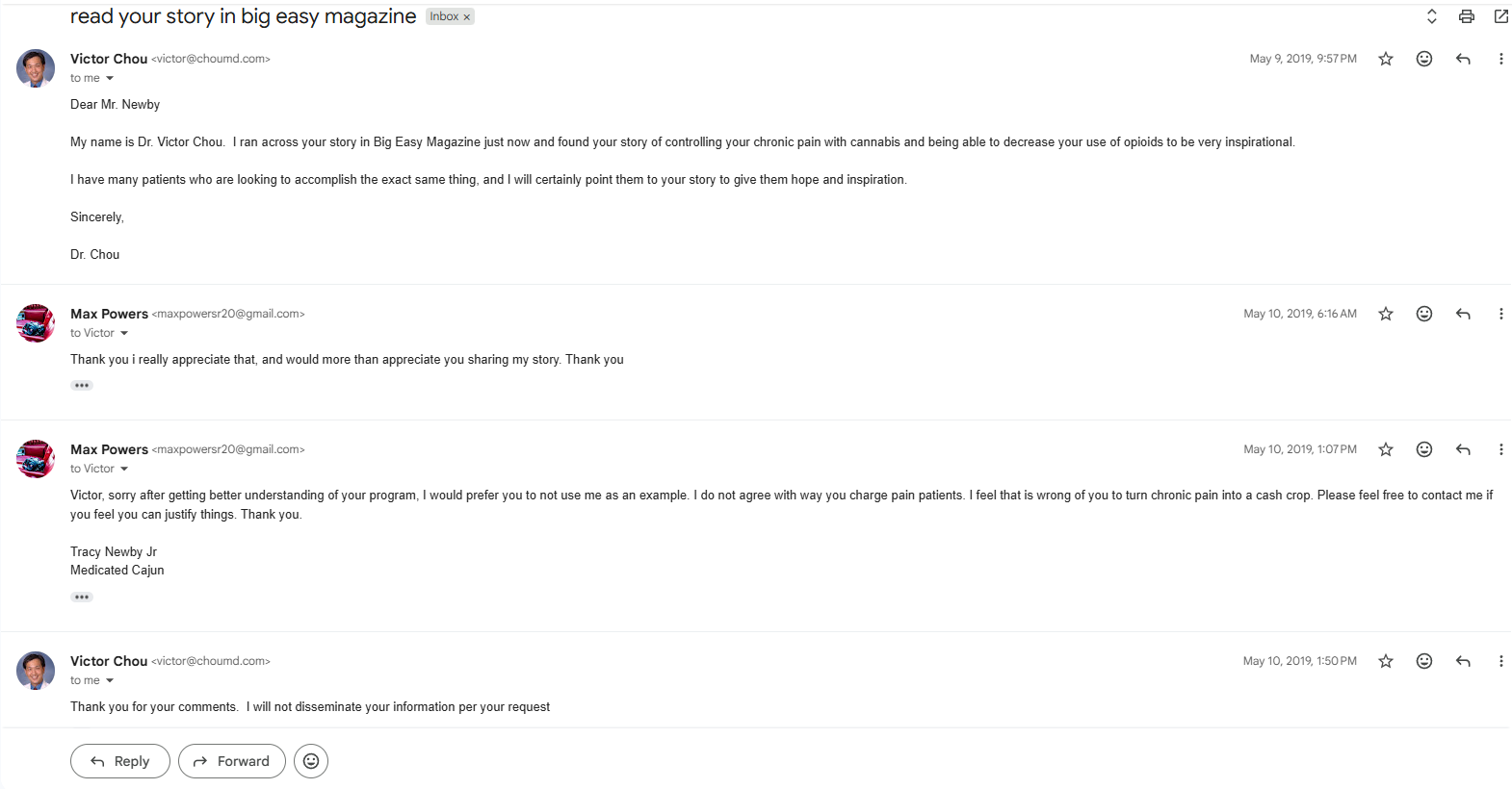 A 2019 email exchange between Dr. Victor Chou and Tracy Newby Jr. about Tracy's cannabis advocacy story and Louisiana's medical cannabis program